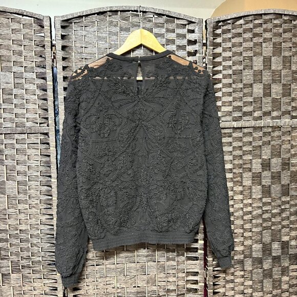Intermix Womens Blouse Size Small Black Textured Lace Raw Silk Long Sleeve - Picture 7 of 7